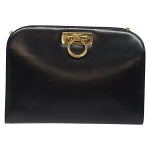 Salvatore Ferragamo Gancini Chain Shoulder Bag Leather Black Gold Auth 124746